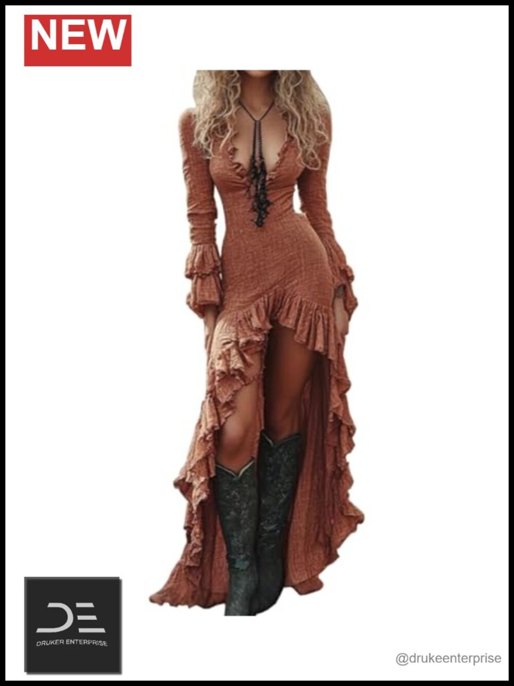TACSTRUN Women's Deep V Long Sleeve High Low Maxi Dress Casual Western Cowgirl